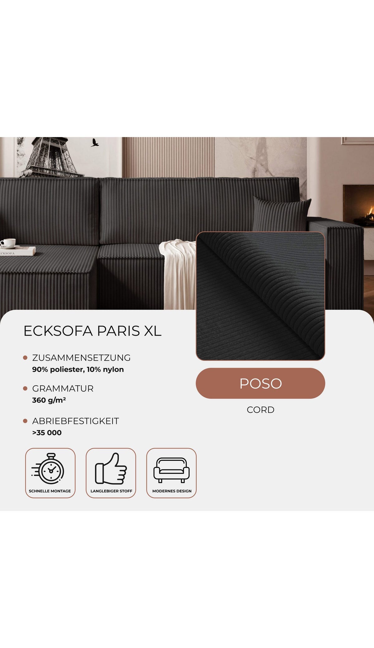 Cord Ecksofa PARIS XL freistehend mit echt bezogenem Ruecken