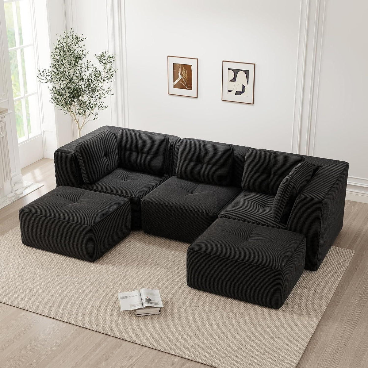 Modulares Cord Ecksofa in Schwarz von der Seite