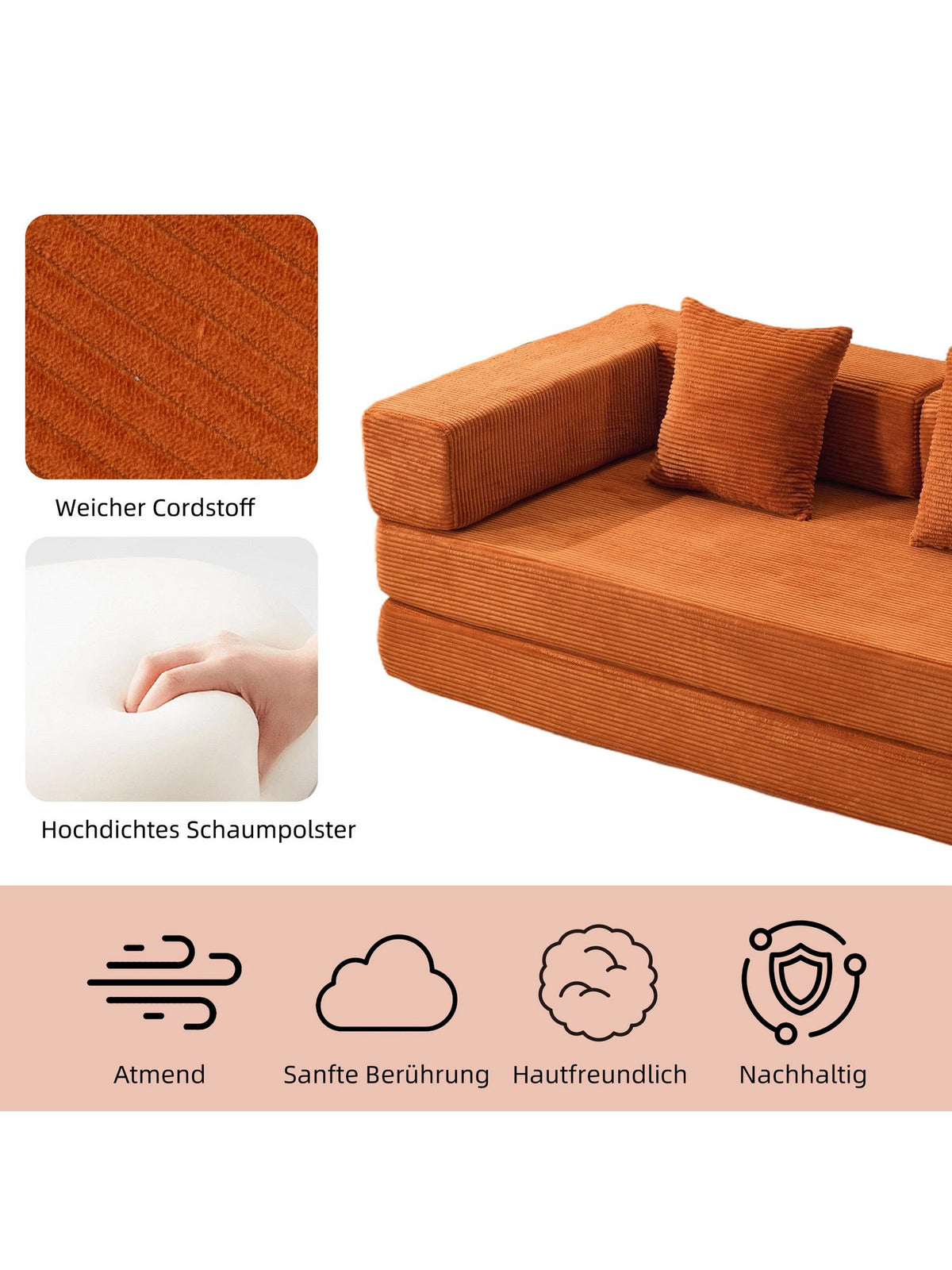 Nahaufnahme des weichen Cordbezugs in Orange