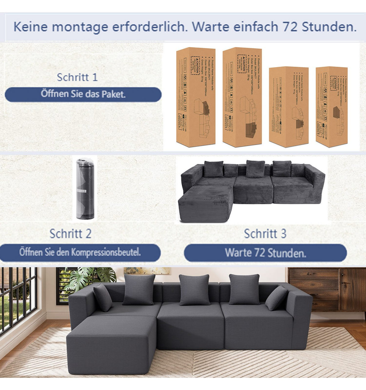 Detailansicht des grauen Cordstoffs mit 350 g pro Quadratmeter