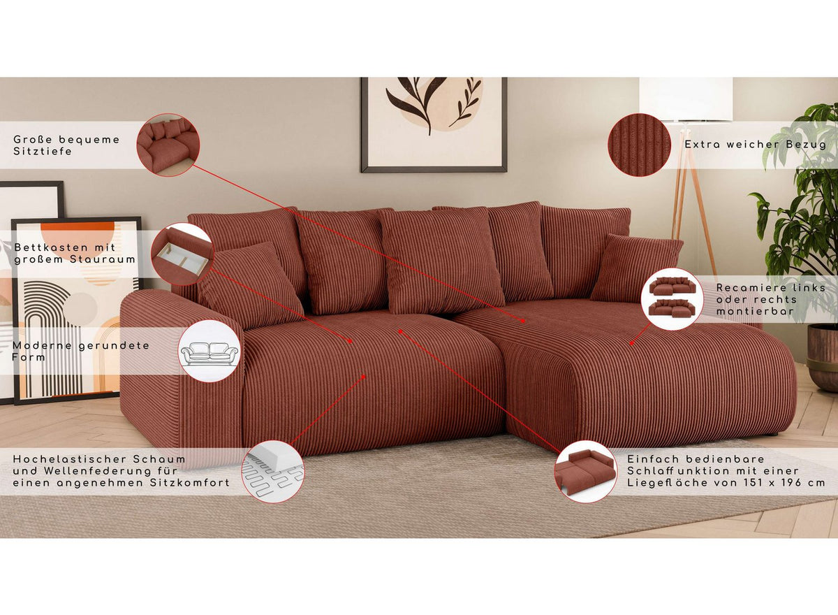 Cord Ecksofa LAKESIDE in Braun mit geöffnetem Bettkasten