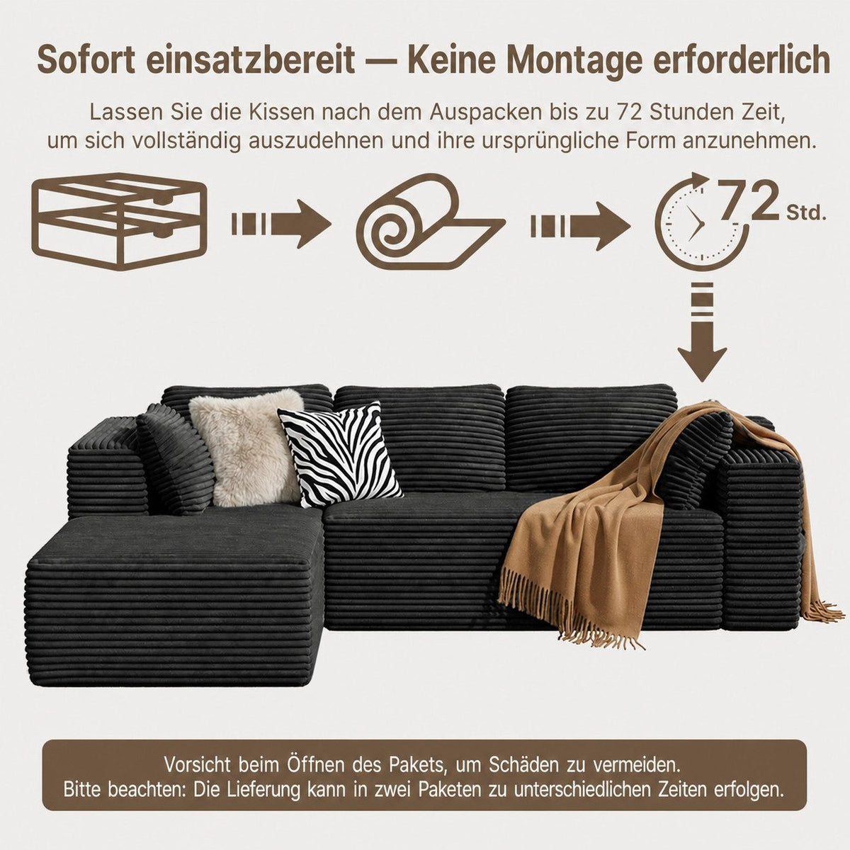 Modulares Cord Sofa in Schwarz mit Chaiselongue