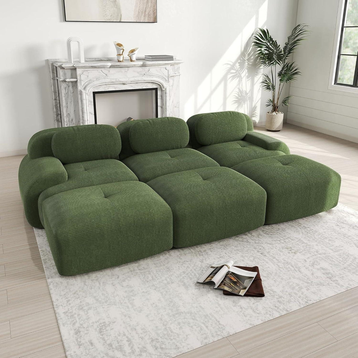 Modulares Cord Ecksofa mit drei Hockern angeordnet