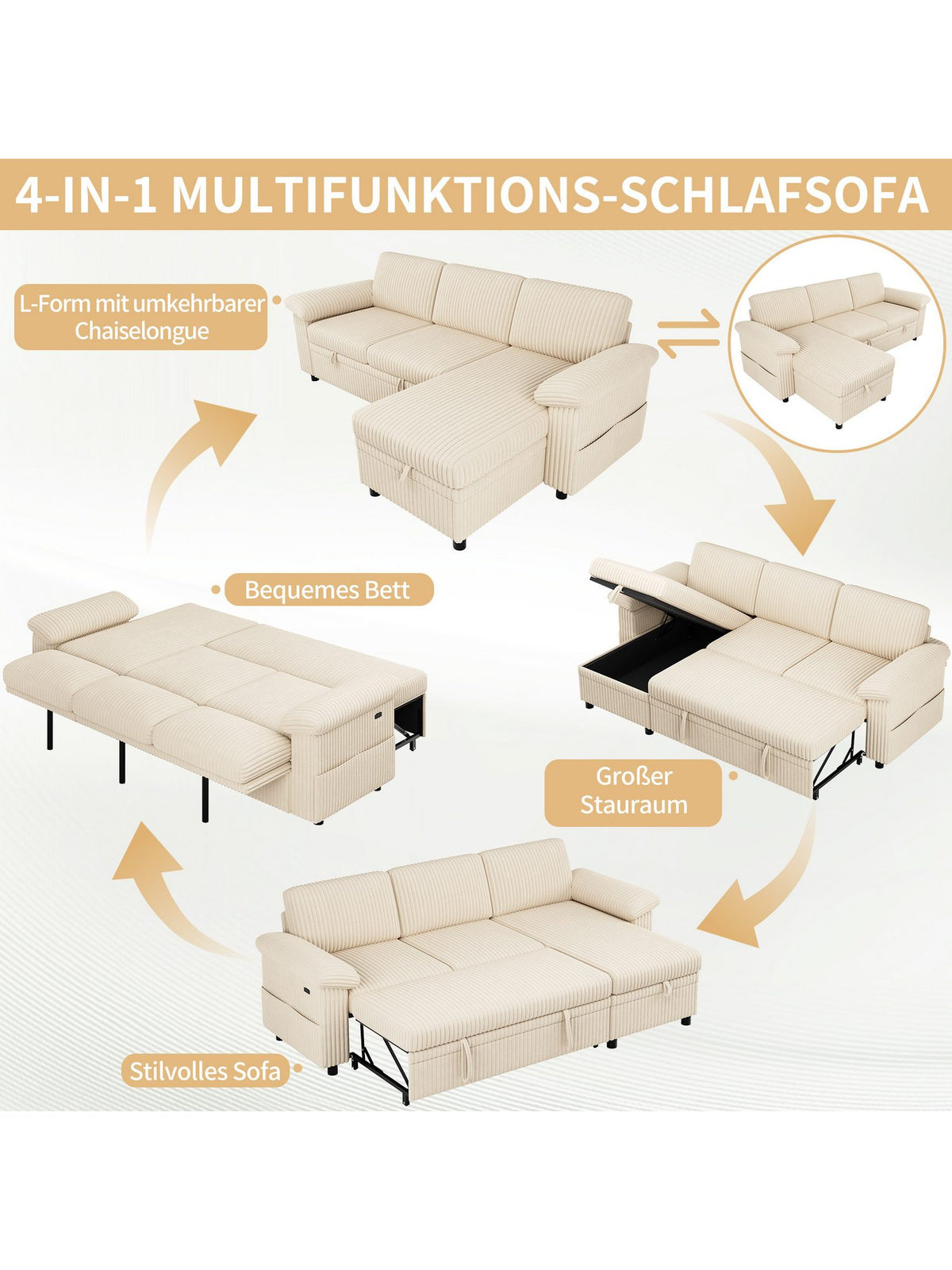 Cord Ecksofa 212 cm in Beige Ansicht 4