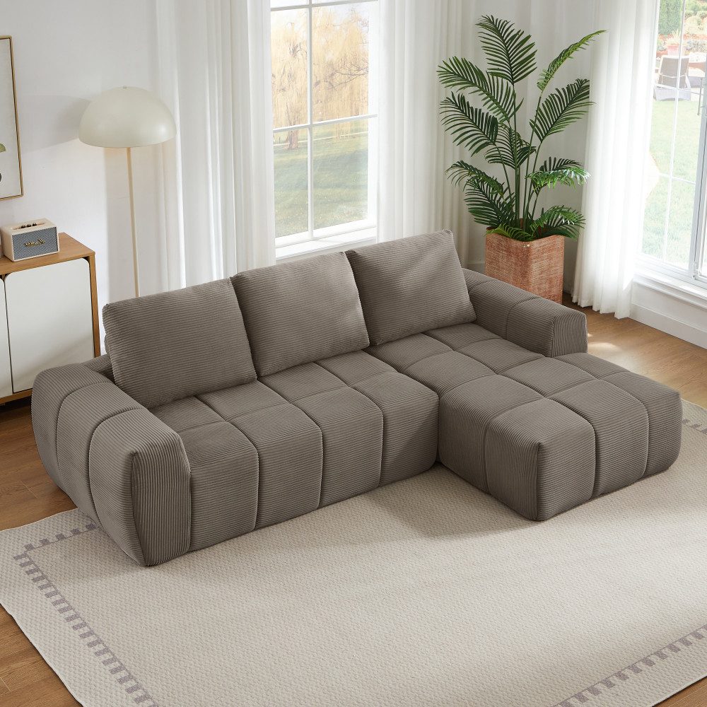 Cord Ecksofa in Taupe mit Ottomane rechts im Wohnzimmer
