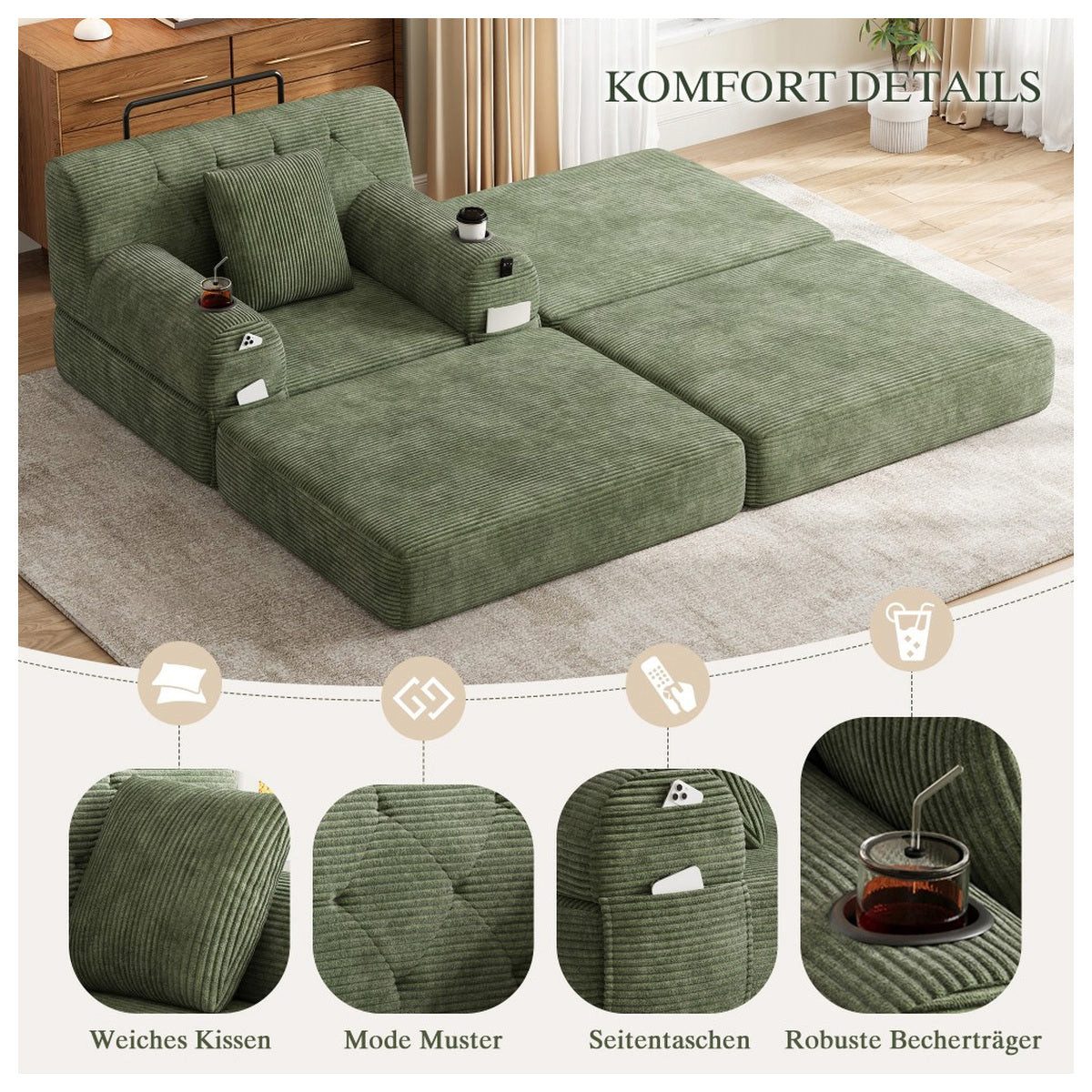 Cord Sofa in Grün im Wohnzimmer