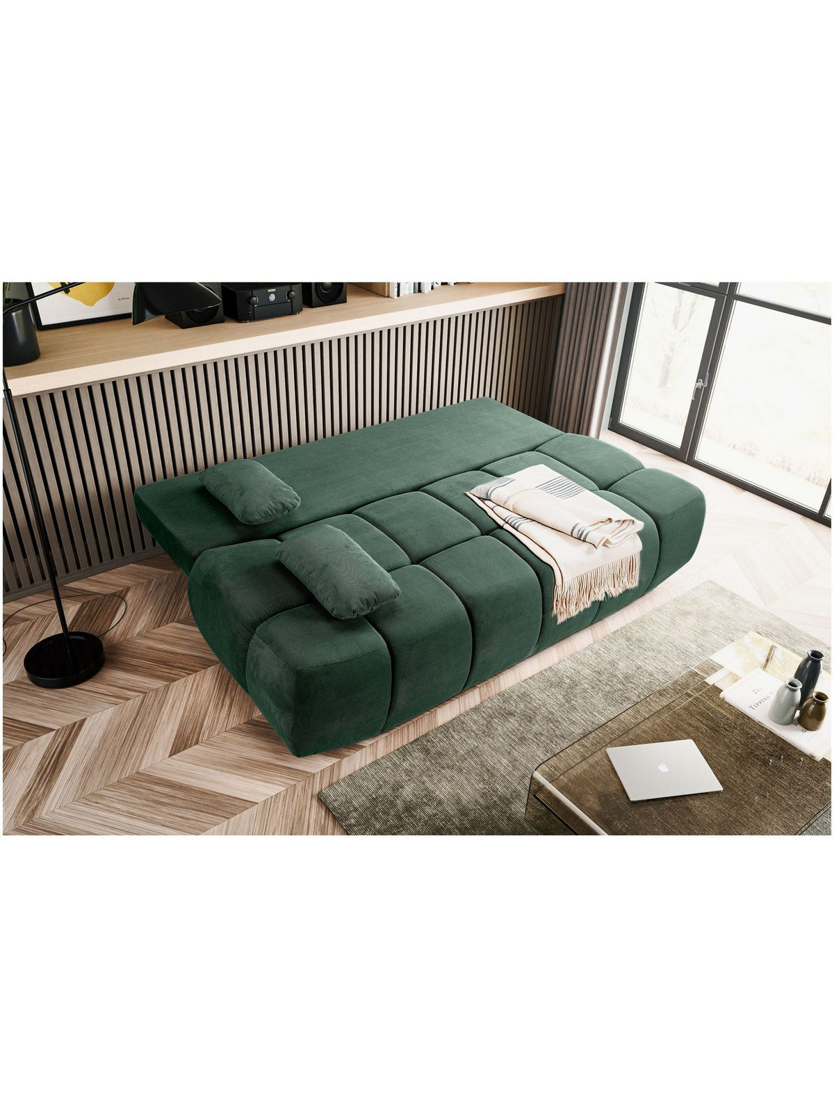 Cord Schlafsofa LAUDER in Smaragdgrün im Wohnzimmer
