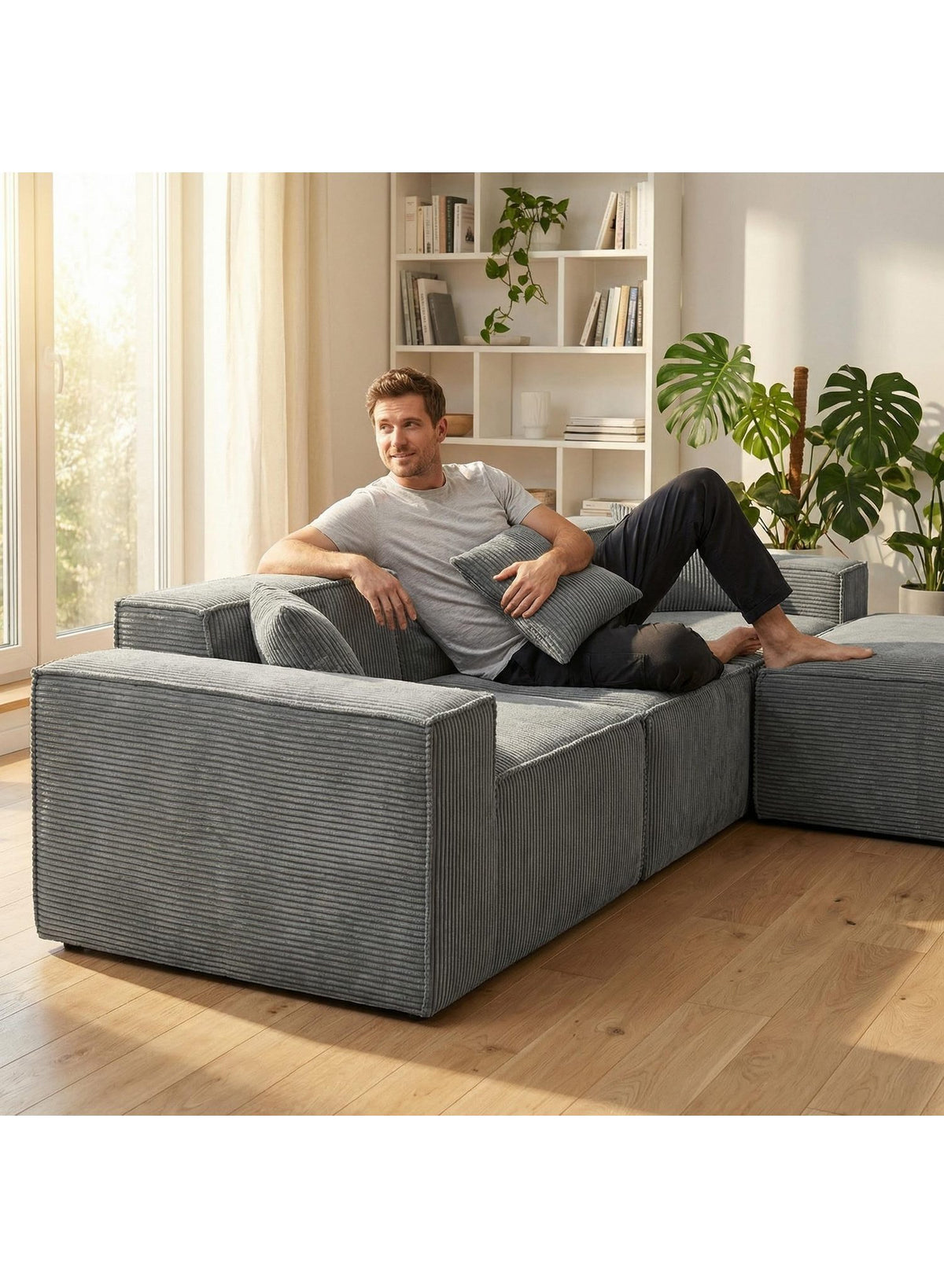 Modulares Cord Ecksofa CLOUD in Grau im Wohnzimmer