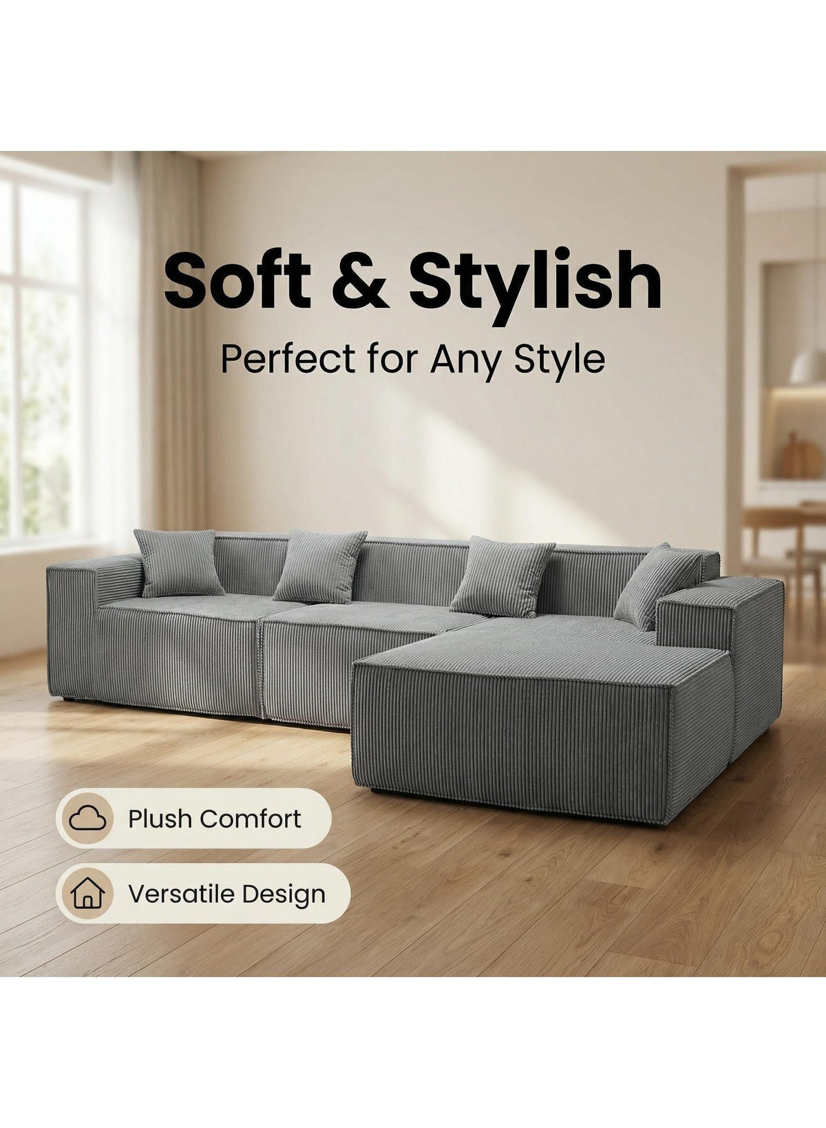 Modulares Cord Ecksofa CLOUD mit tiefer Sitzflaeche