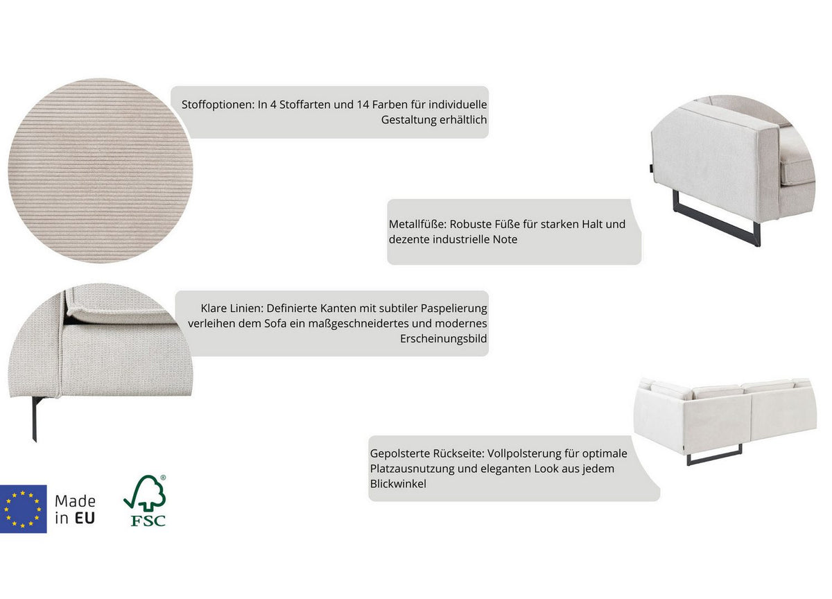 Seitenansicht des Cord Sofas PINTO mit schwarzen Metallfüßen