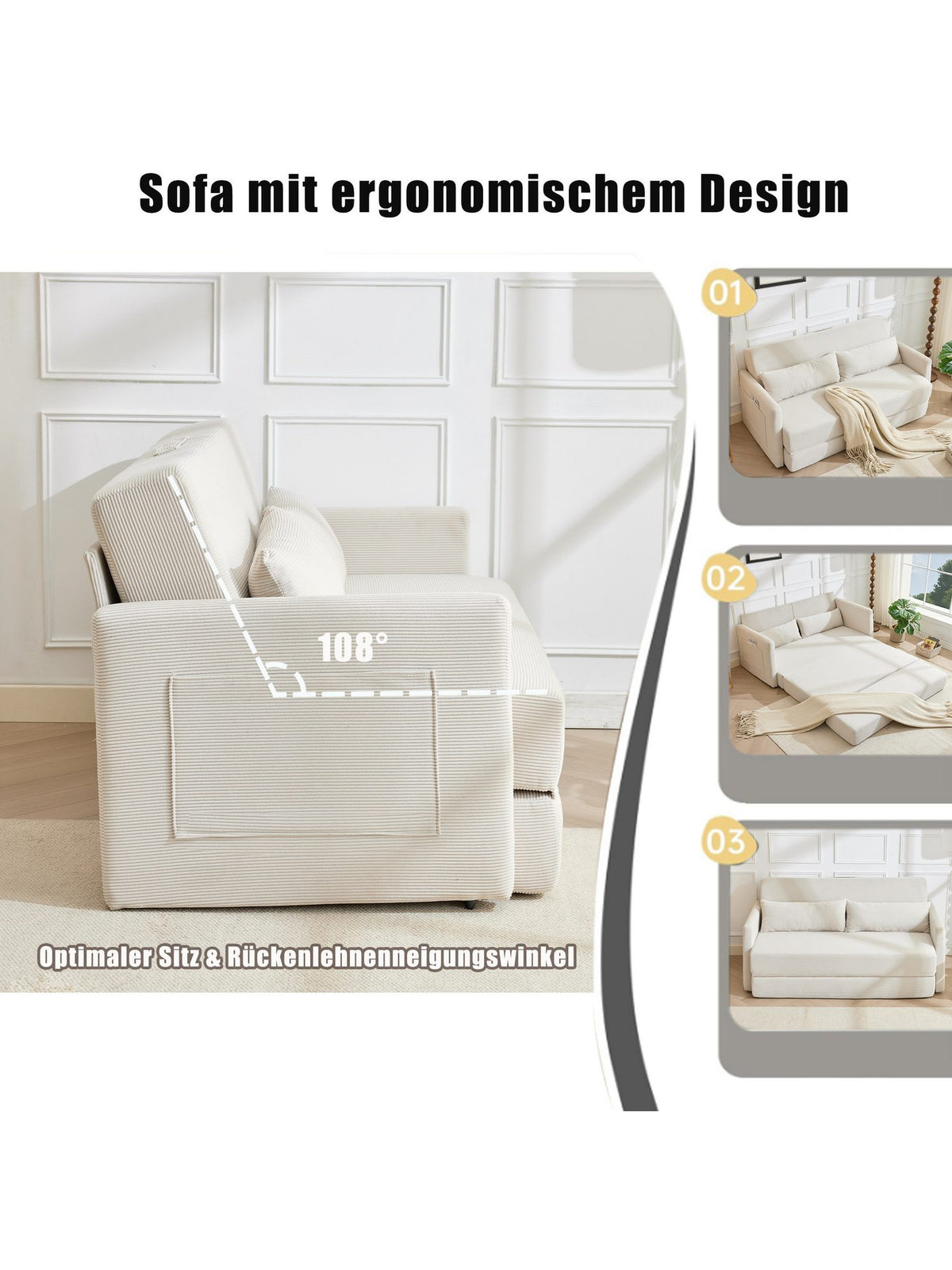 Klappsofa im Schlafmodus mit ausgeklappter Liegeflaeche