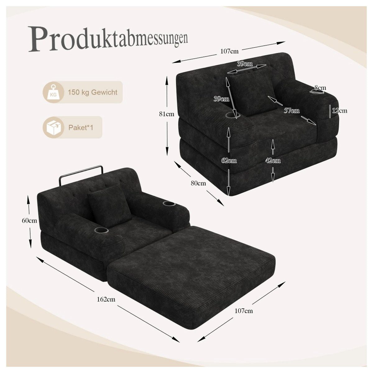 Rückansicht des schwarzen Cord Schlafsofas