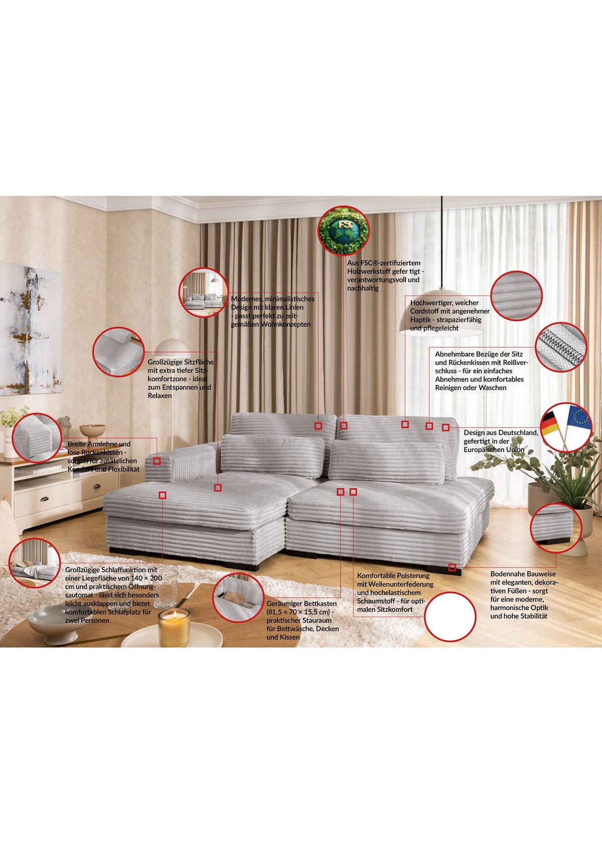 Cord Ecksofa WOLKE mit Ottomane links
