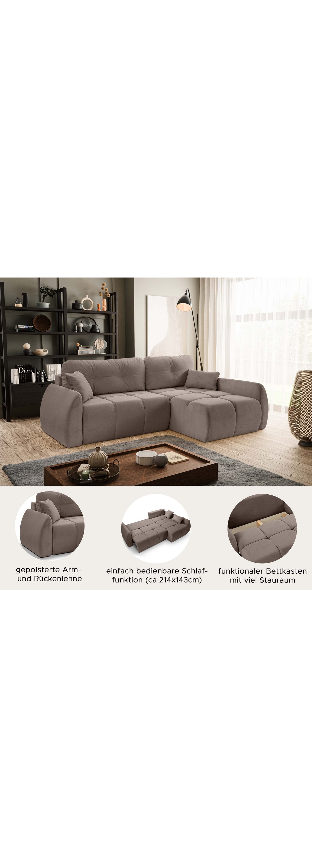 Detailansicht des braunen Cordstoffs am Ecksofa SANO LARGO