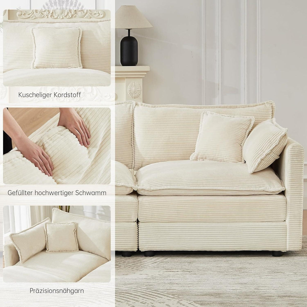 Beige Eckcouch mit kuscheligem Zierkissen