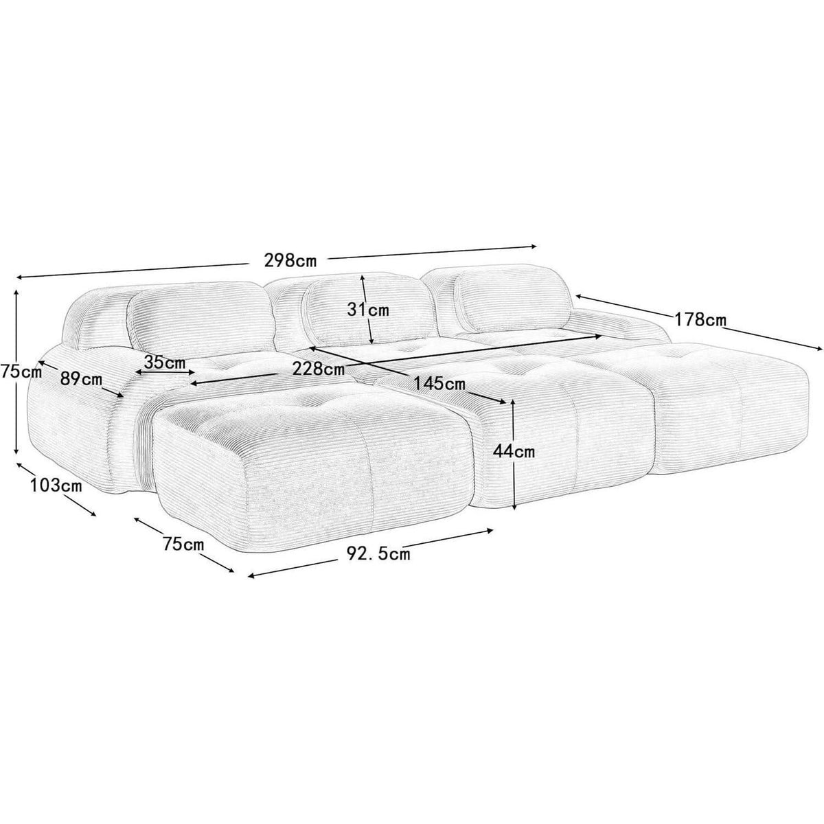 Modulares Cord Ecksofa in Braun von vorne