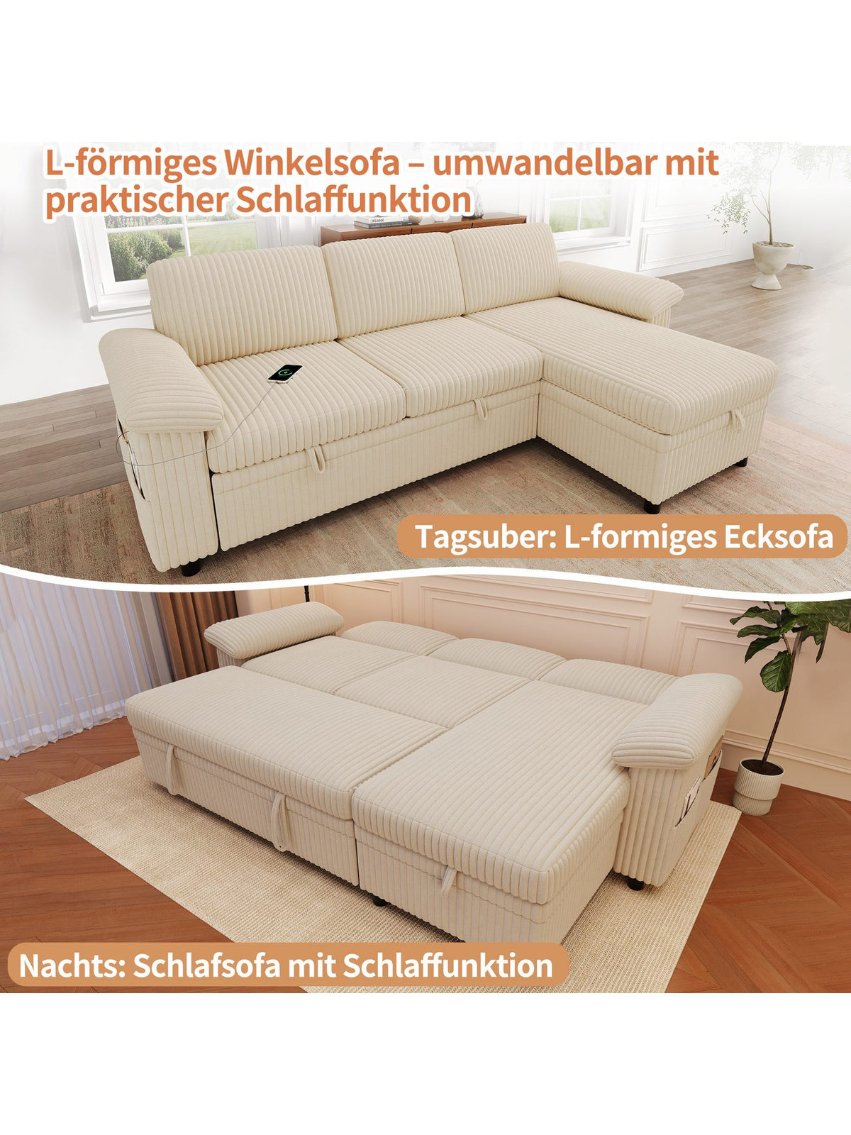 Cord Ecksofa 212 cm in Beige Ansicht 6