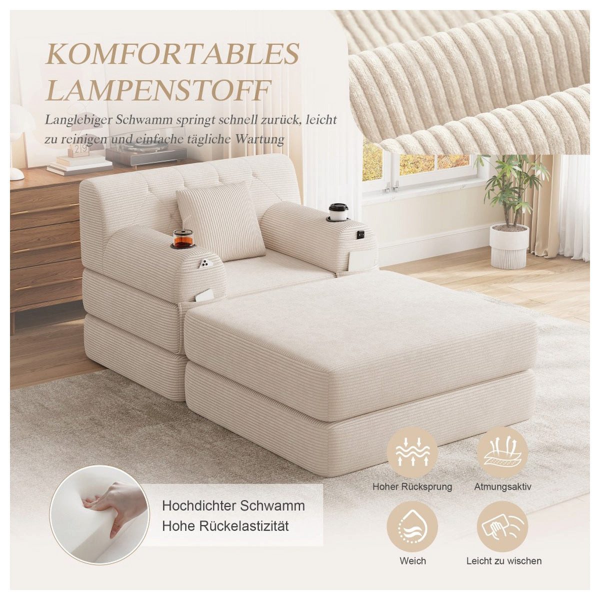 Cord Sofa Beige Detailansicht der Armlehne