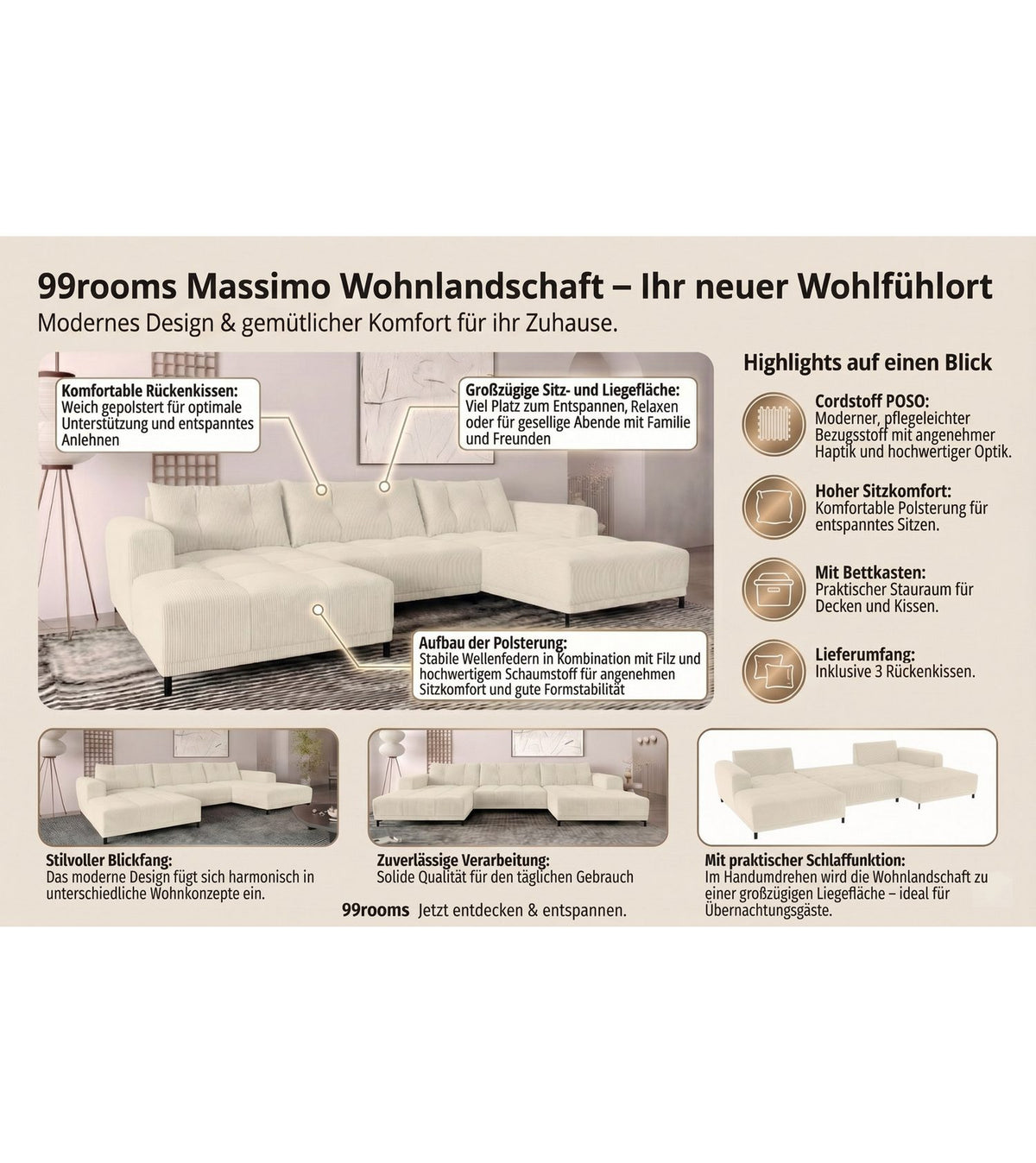 Liegefläche der Cord Wohnlandschaft MASSIMO in Graphit