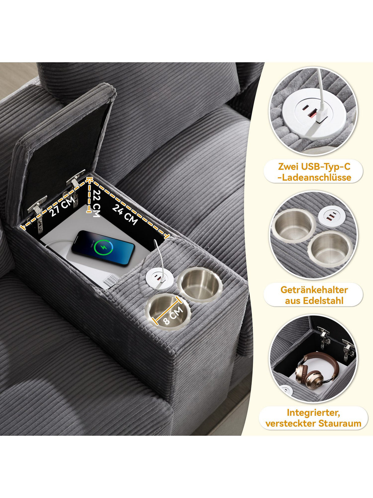 Getränkehalter mit USB und Type-C am Cord Big Sofa