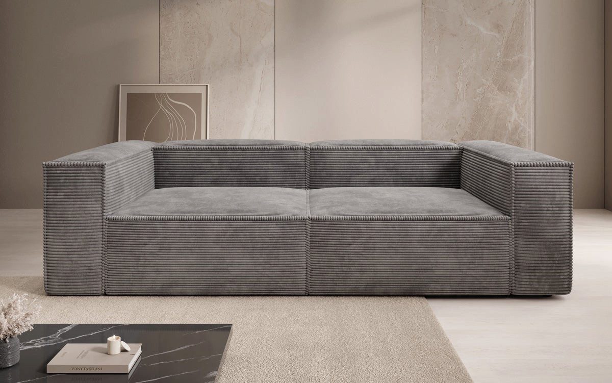 Cord Sofa LESLEY Hellgrau seitliche Ansicht im Wohnzimmer