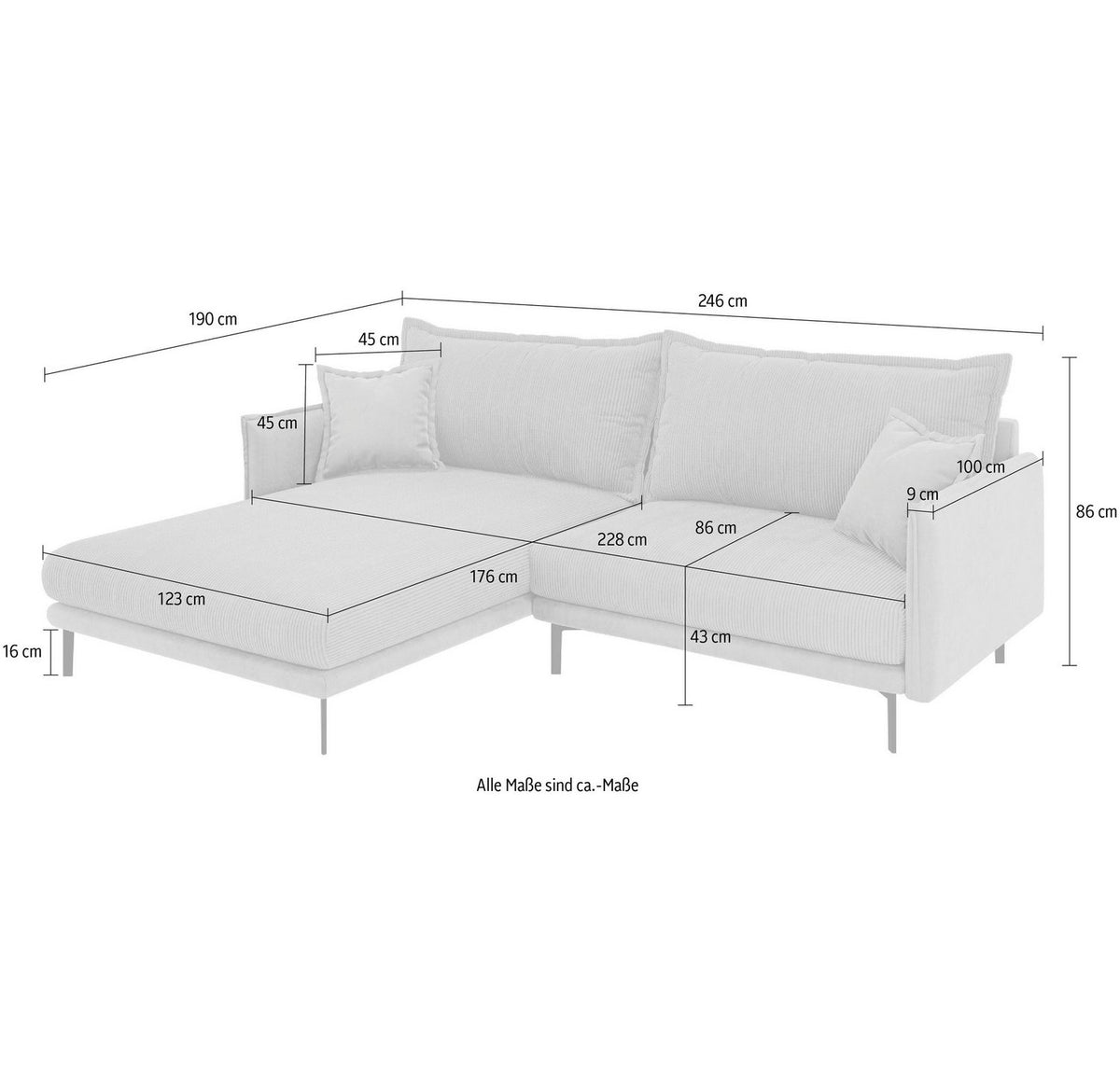 Cord Ecksofa ALEXANDRIA in Creme im Wohnzimmer aufgestellt