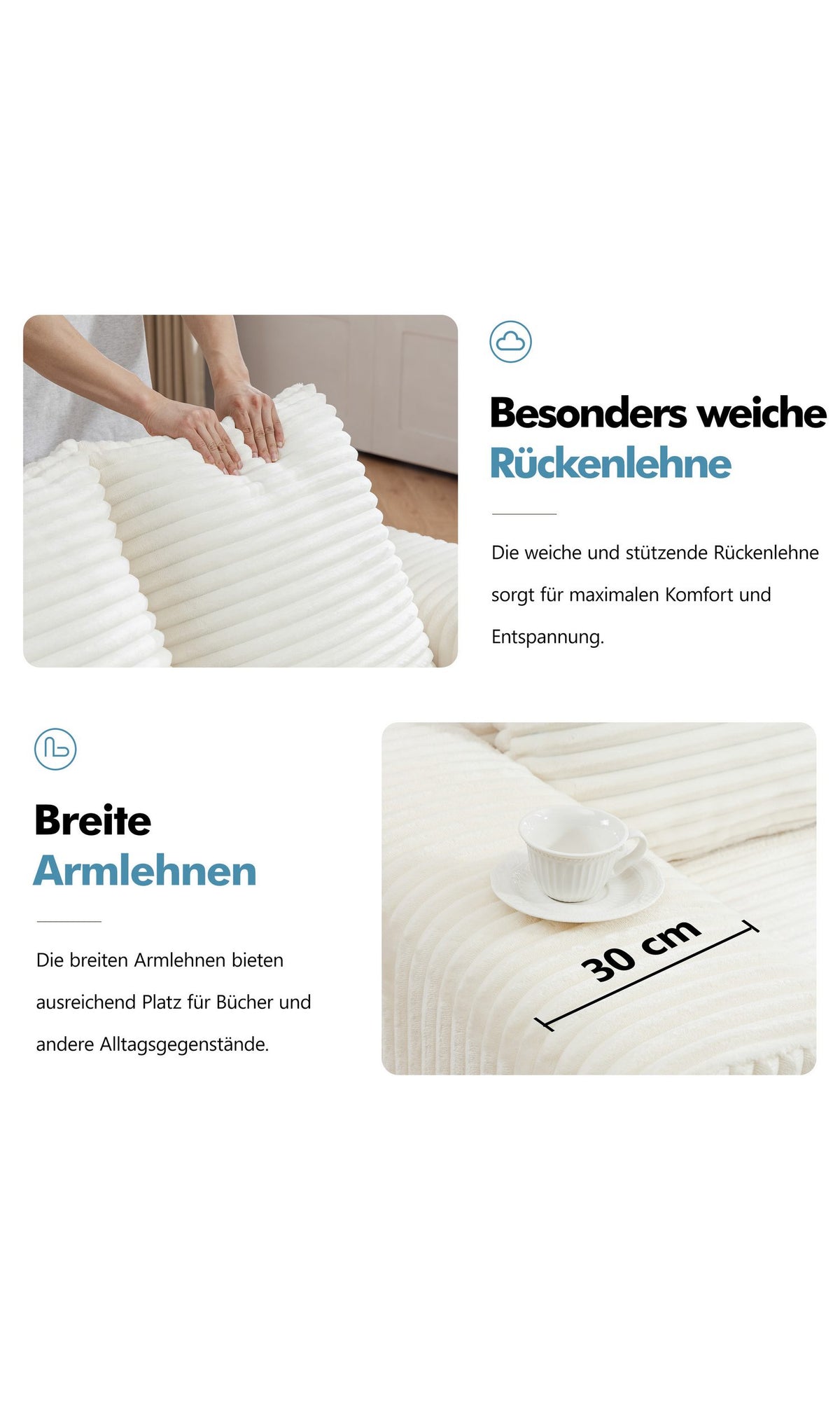 Weißes Cordsofa im hellen Wohnzimmer