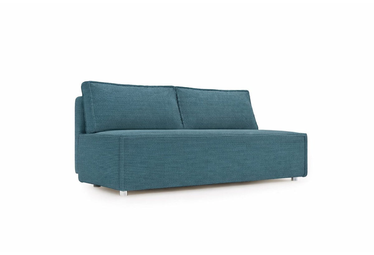 Geoeffneter Bettkasten des Cord Schlafsofas DUO
