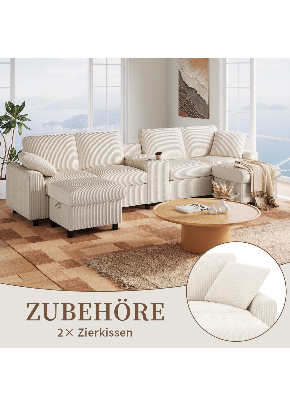 Becherhalter in der Armlehne des Cord Big Sofas