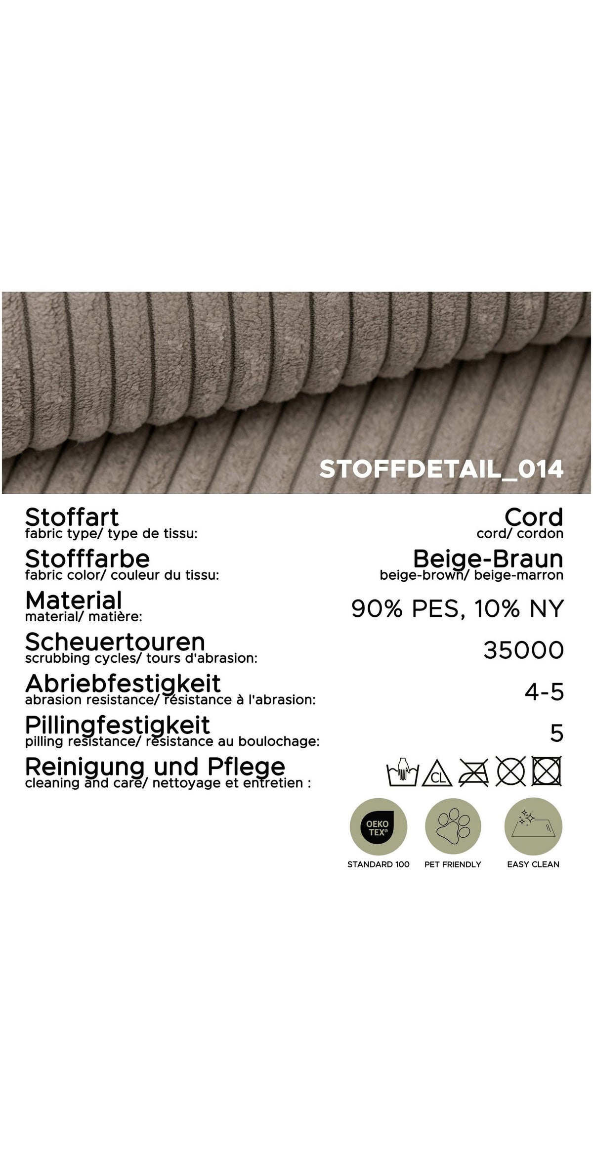 Nahaufnahme des Cordstoffs in Braun-Beige