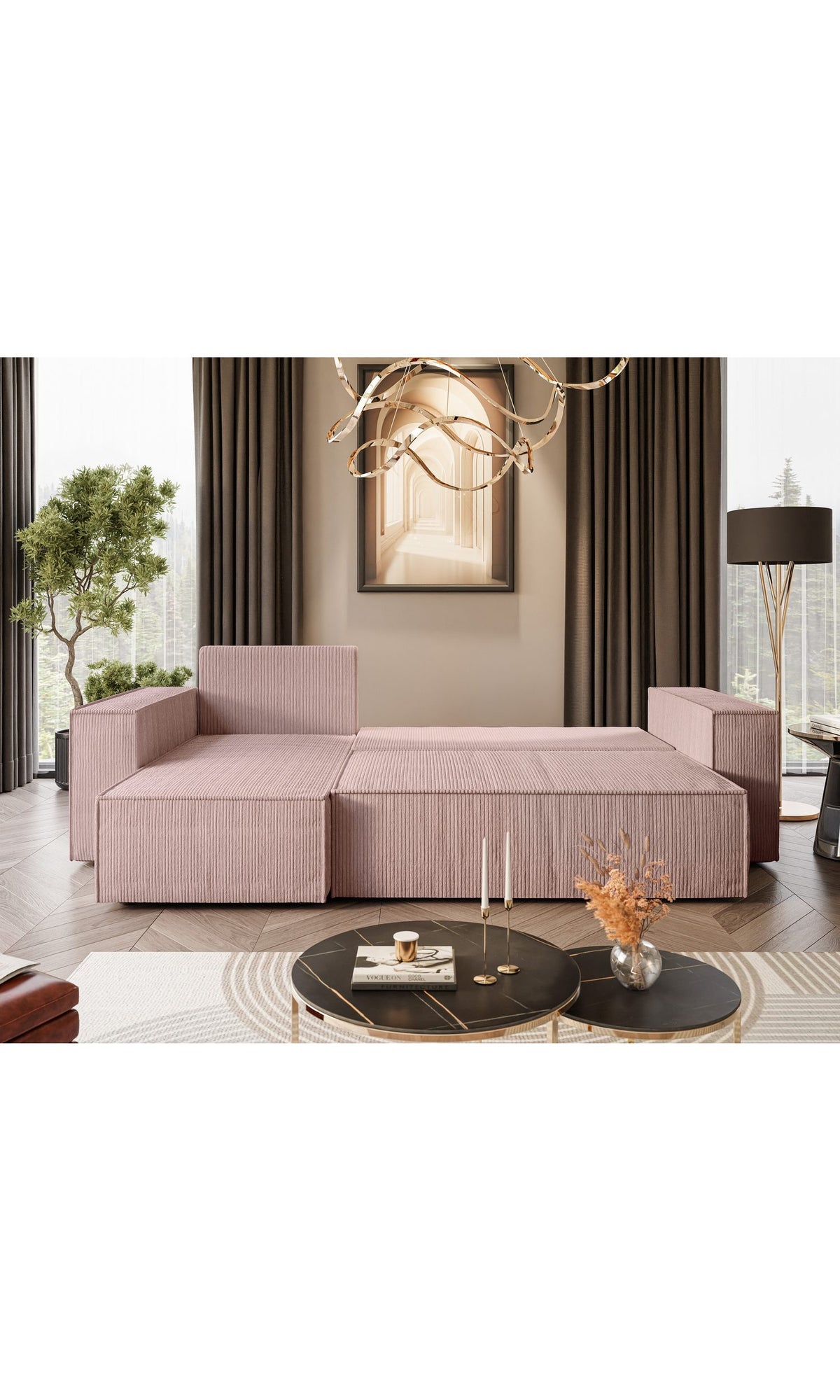 Cord Ecksofa CARLOS in Heidekraut von vorne im Wohnzimmer