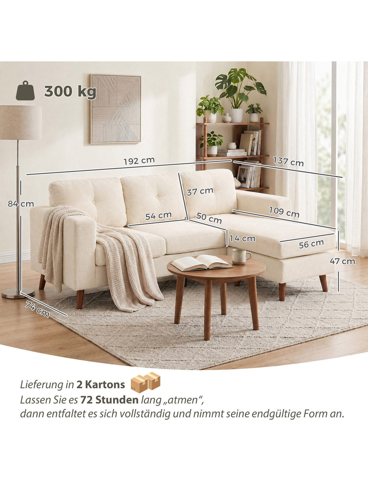 Detailansicht der Rückenkissen des Cord Ecksofas