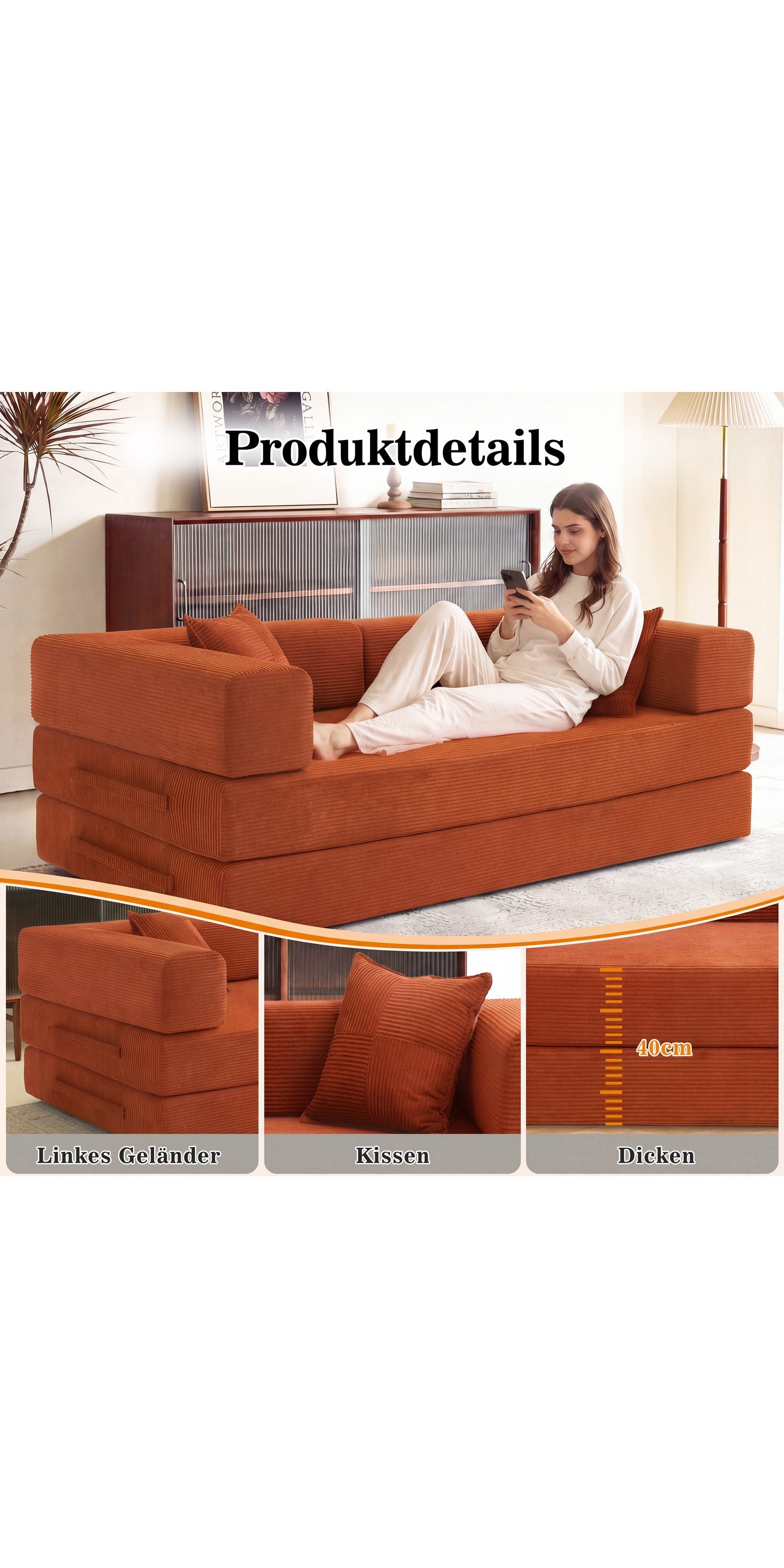 Cord Schlafsofa mit Edelstahlrahmen von der Seite