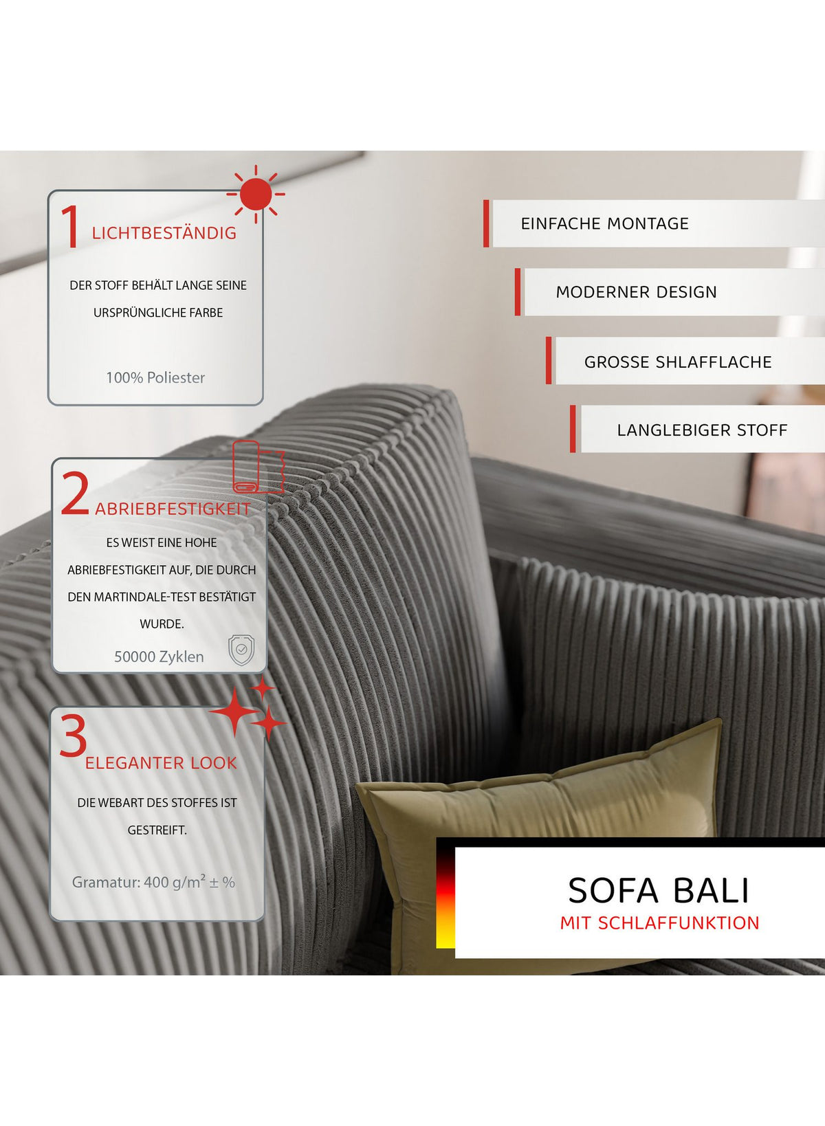 Cord Schlafsofa BALI im kompakten Wohnzimmer