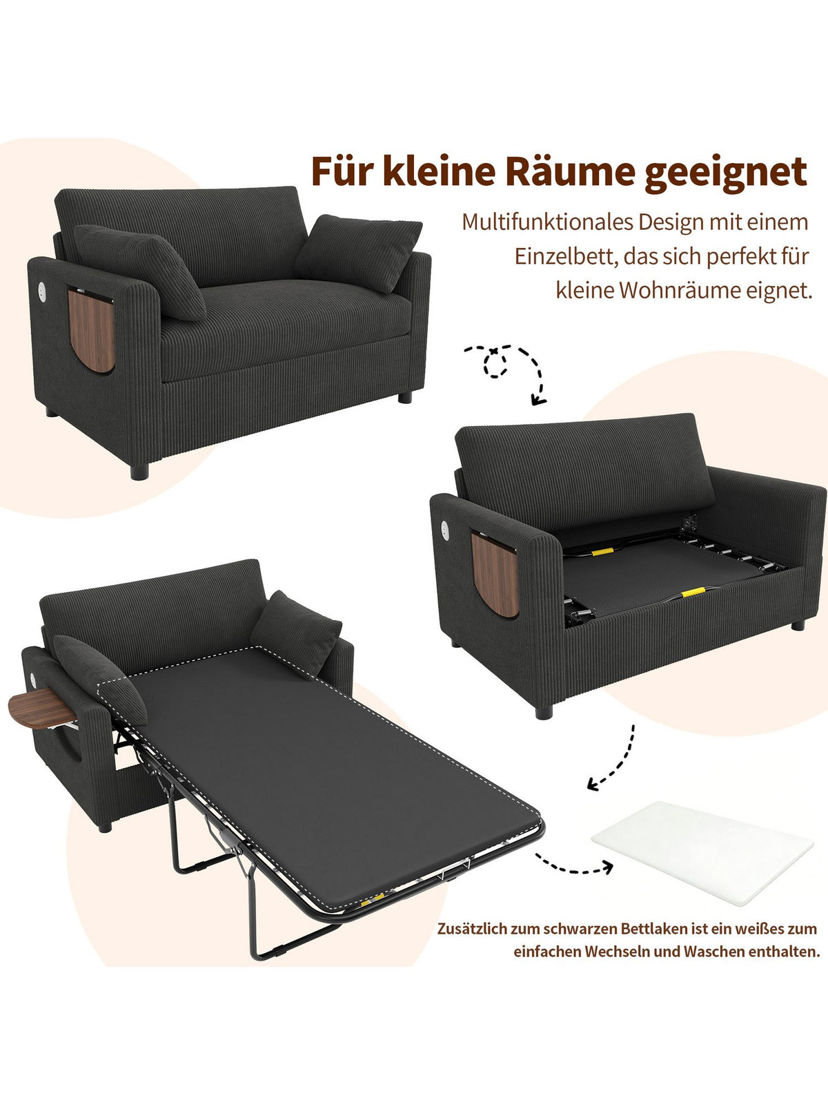 Nahaufnahme des grauen Cordstoffs am Schlafsofa