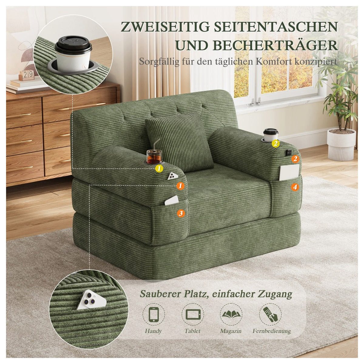 Seitenansicht des grünen Cord Schlafsofas