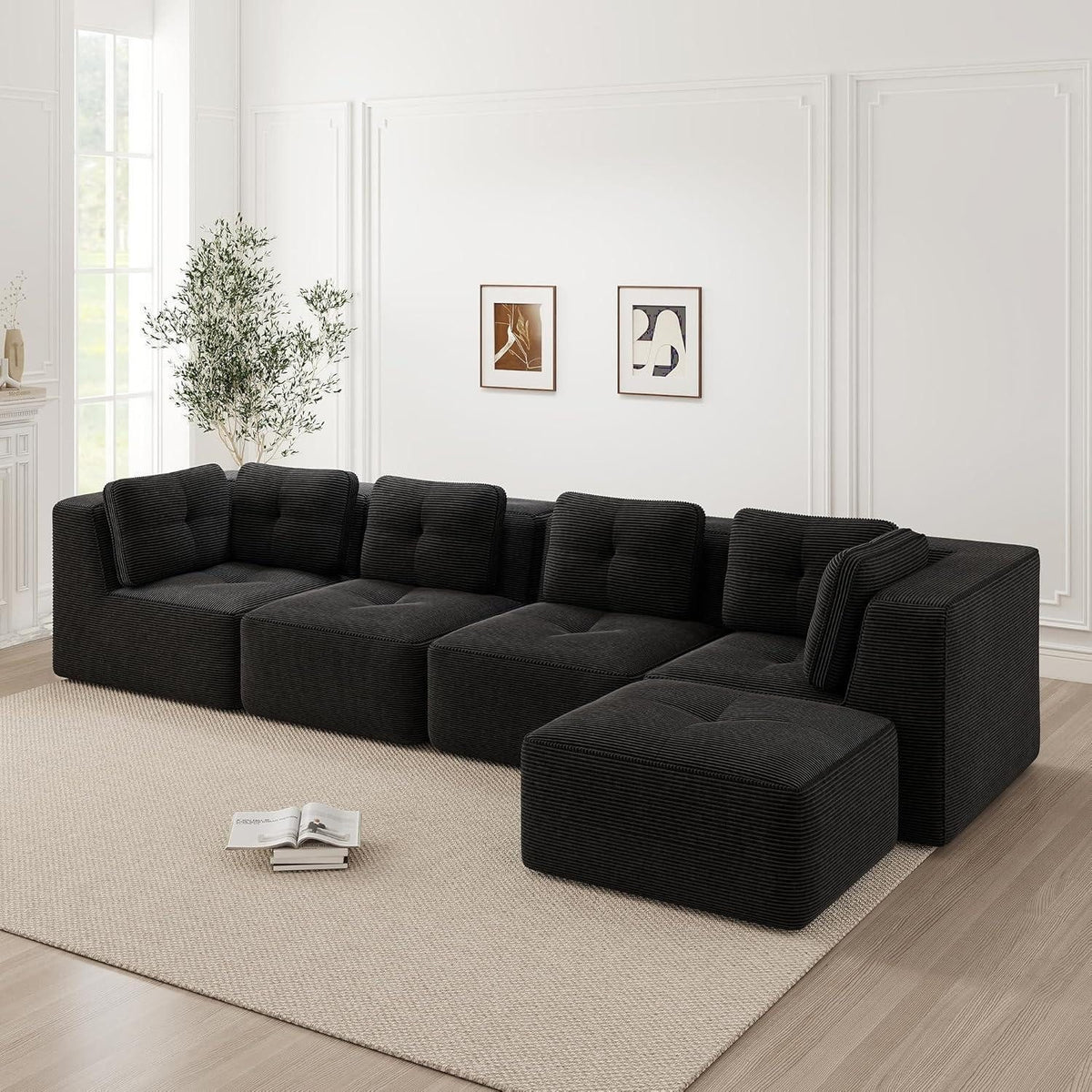 Cord Ecksofa 2C2S+1O in Schwarz von der Seite