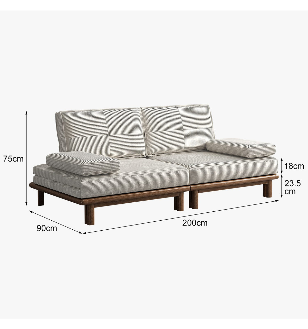 Khakifarbenes Cord Schlafsofa von vorne mit Armlehnenkissen