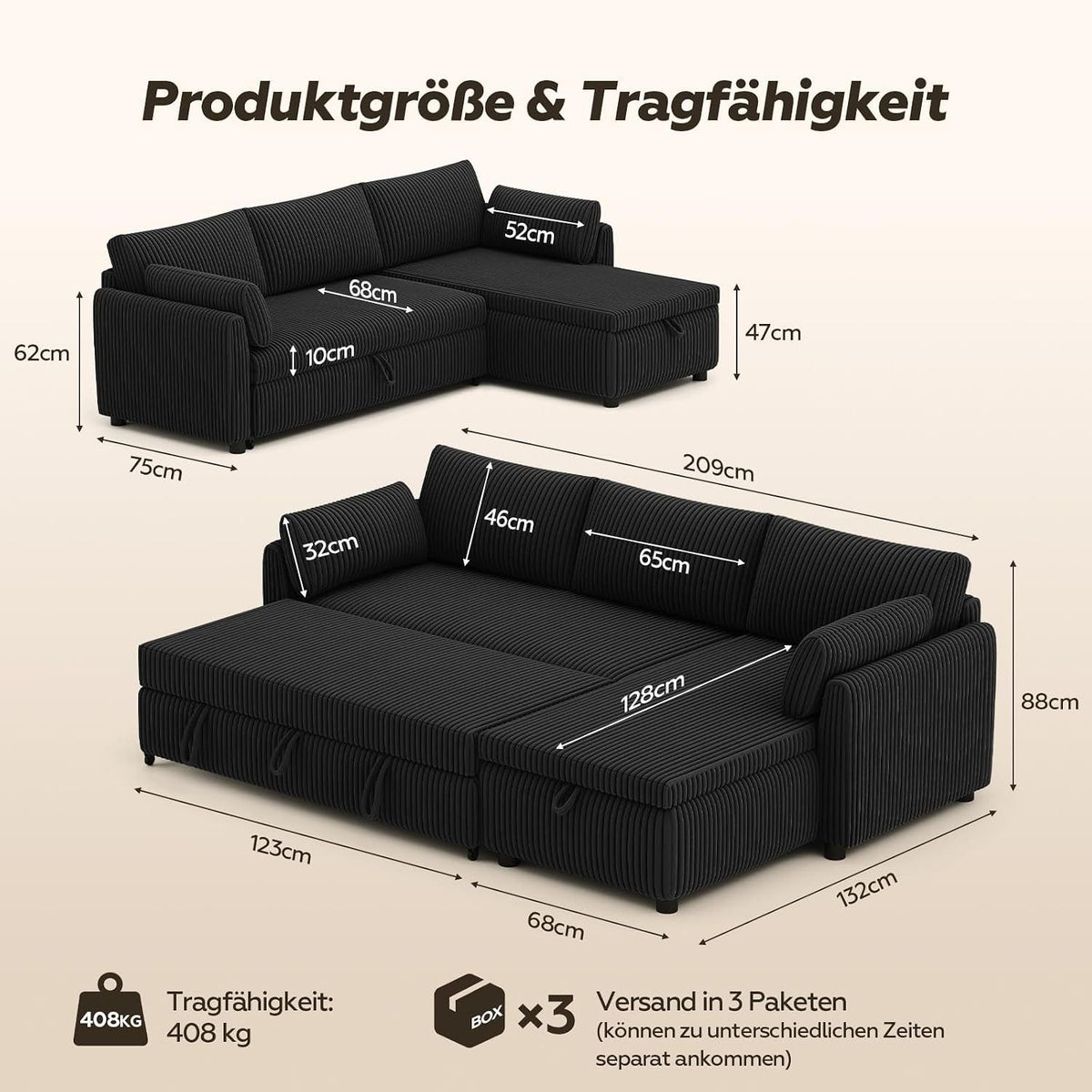 Schwarzes Cord Ecksofa von vorne mit Ottomane rechts