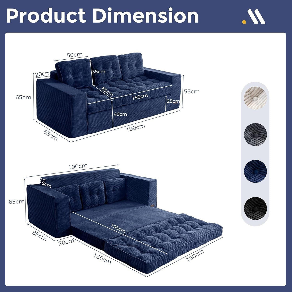 Cord Bodensofa in Dunkelblau von vorne