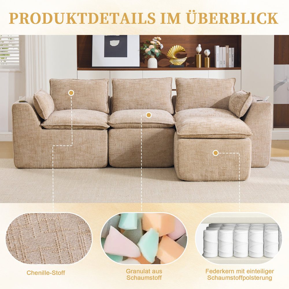 Modulares Cord Ecksofa ODIKALO in Khaki von vorne