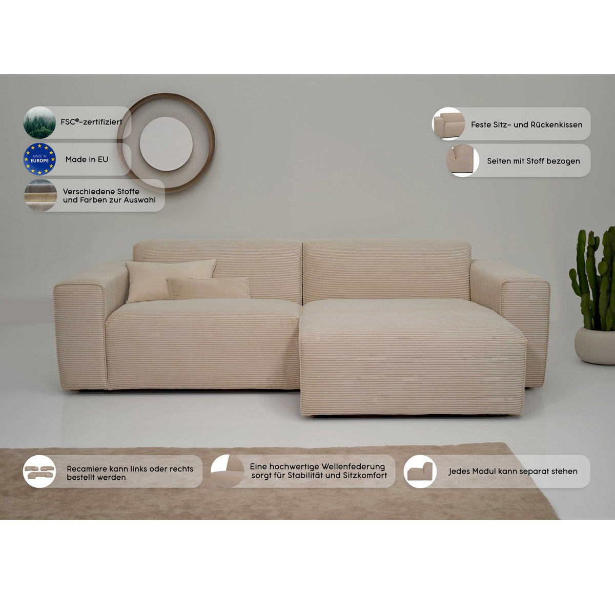 Seitliche Ansicht des Ecksofas CLAYTON mit Recamiere links