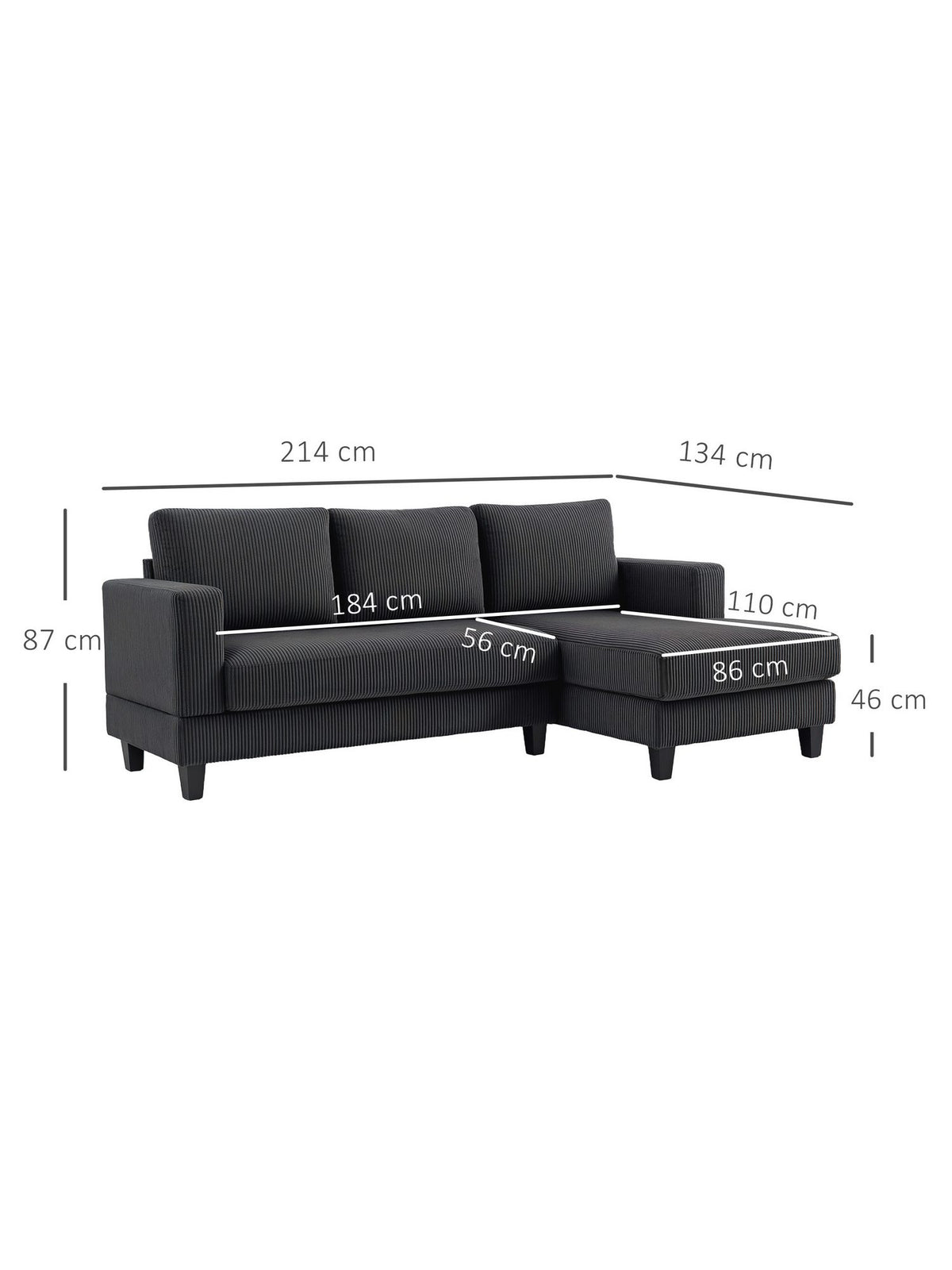 Cord Ecksofa mit Chaiselongue im Wohnzimmer