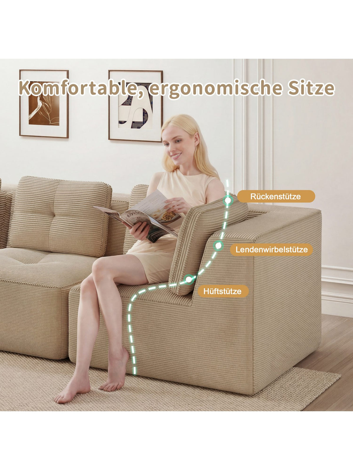 Rutschfeste Standfüße unter dem Cord Sofa
