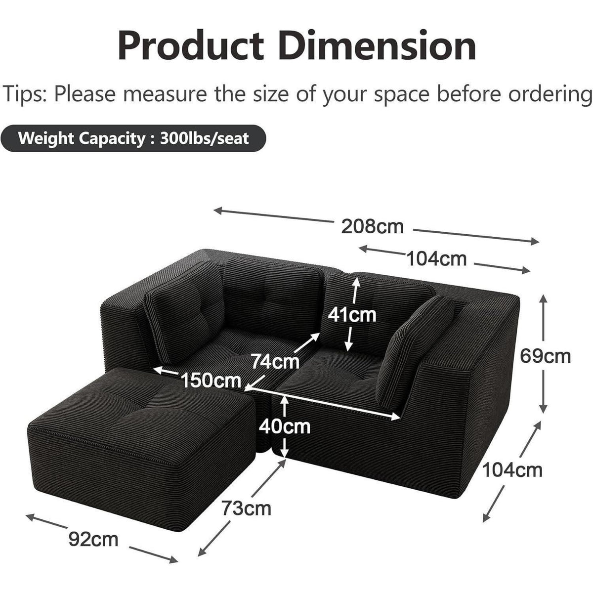 Schwarzes Cord Ecksofa modular im Wohnzimmer