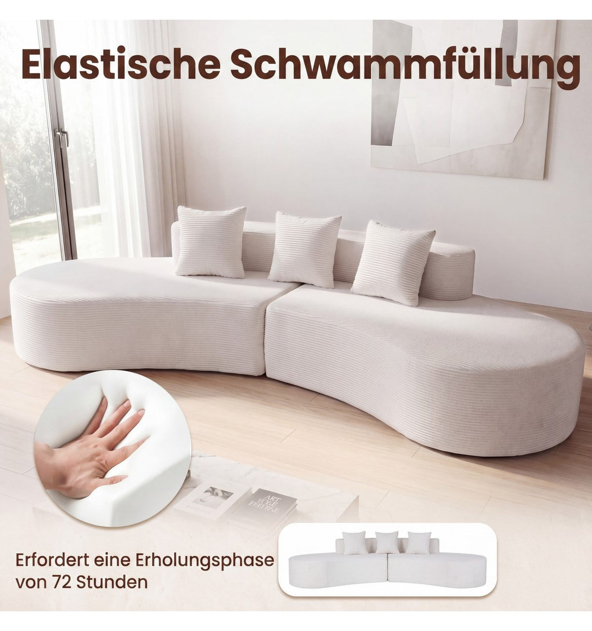 Cord Ecksofa mit drei Stützkissen
