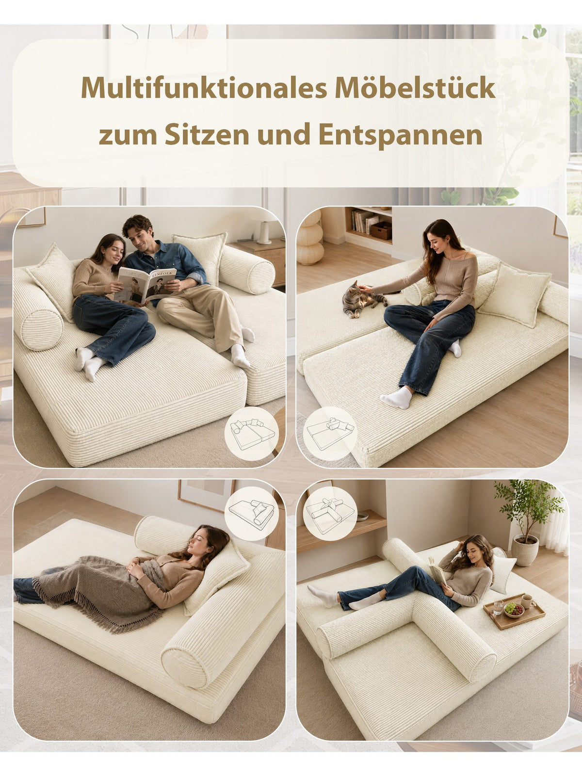 Cord Schlafsofa 6-in-1 in Weiß in der Gesamtansicht
