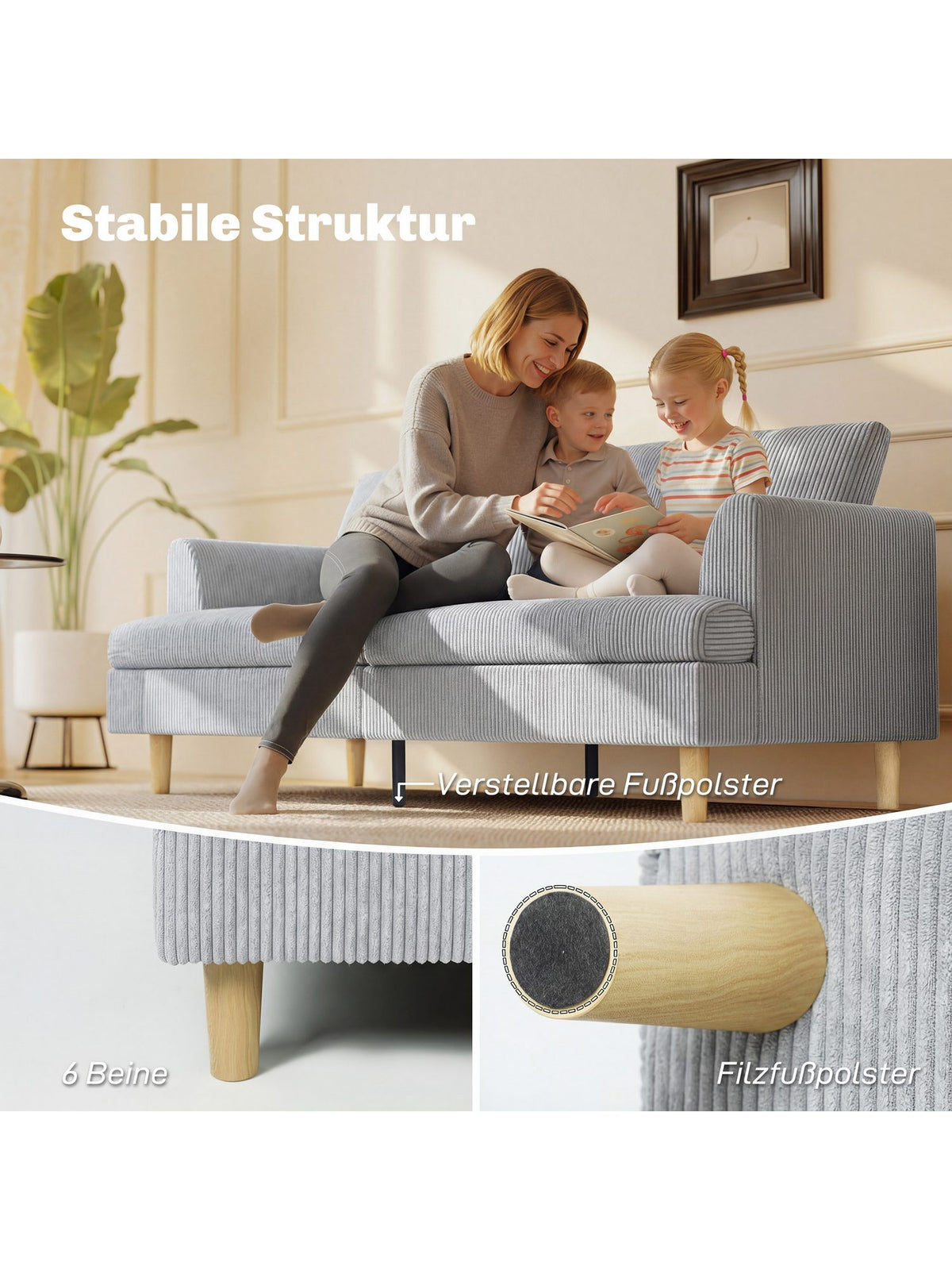 Cord Sofa HOMCOM in Hellgrau seitlich