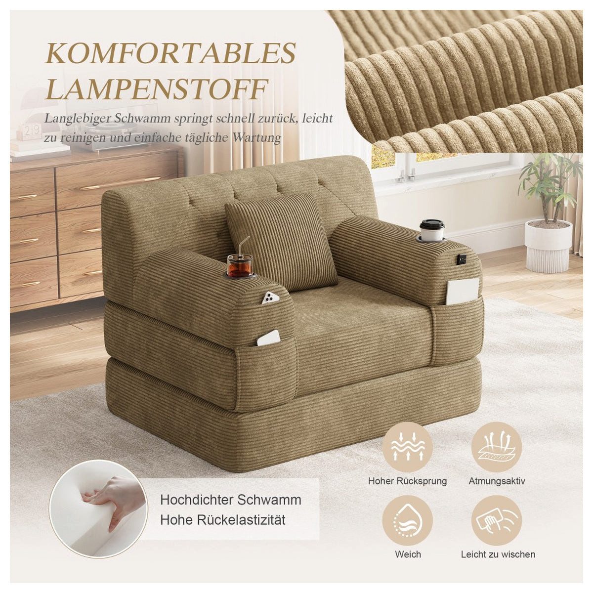 Cord Schlafsofa in Khaki im Wohnraum