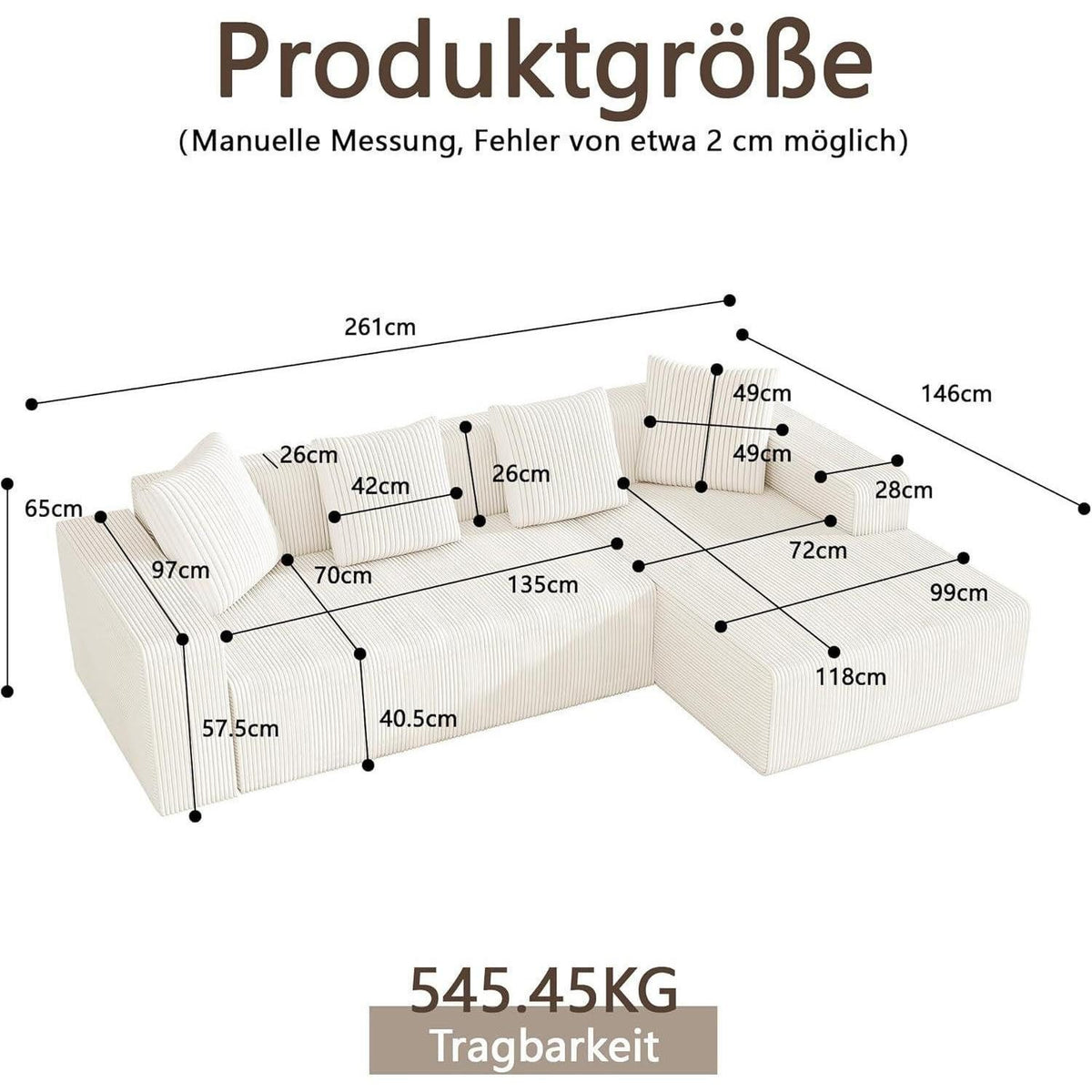 Weißes Cord Ecksofa CORDUROY 3ER L in der Seitenansicht